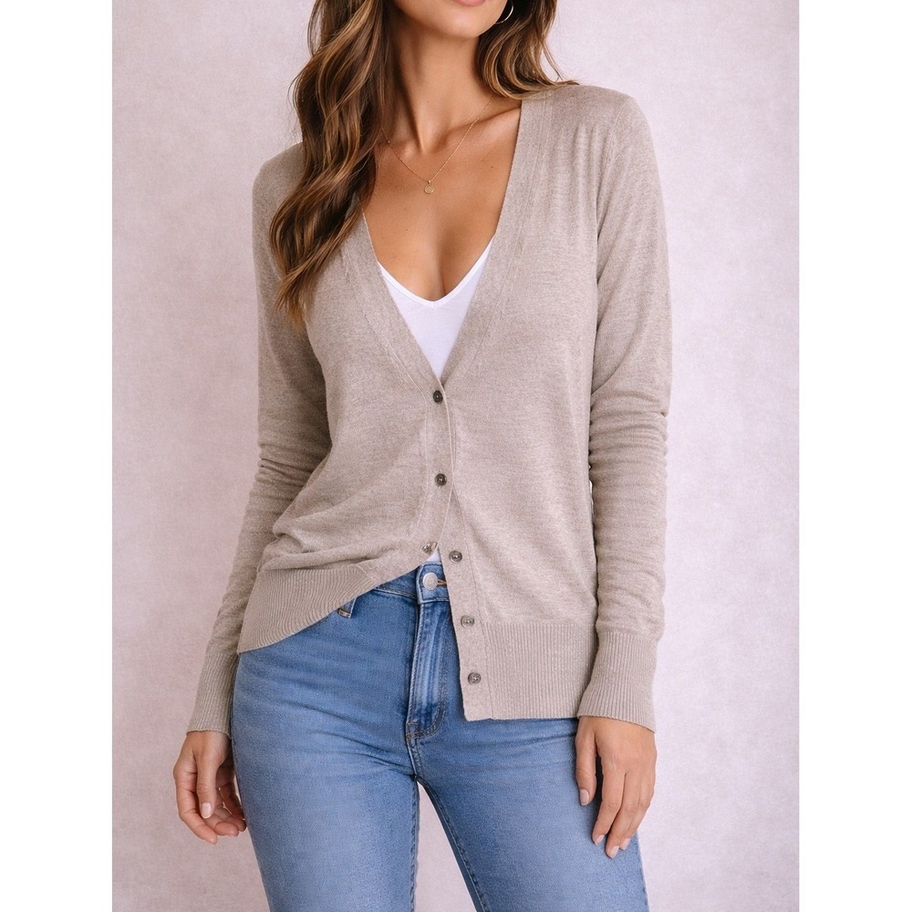 Mossimo Womens V-Neck Button Front Cardigan Sweater Tan Heathered Size L